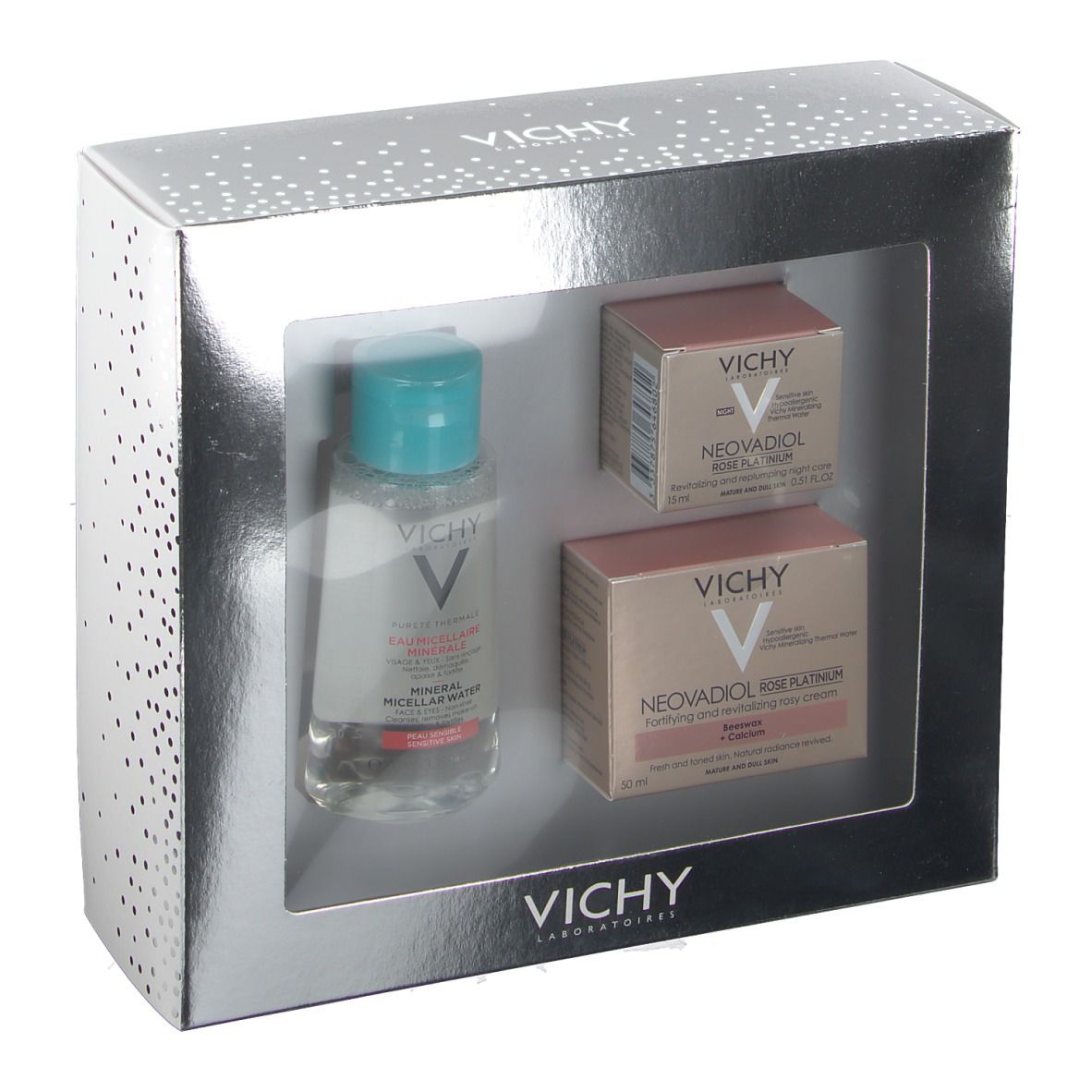 Zilveren Vichy geschenkset met drie producten: micellair water, rosé crème en nachtverzorging. Merk en namen zichtbaar.