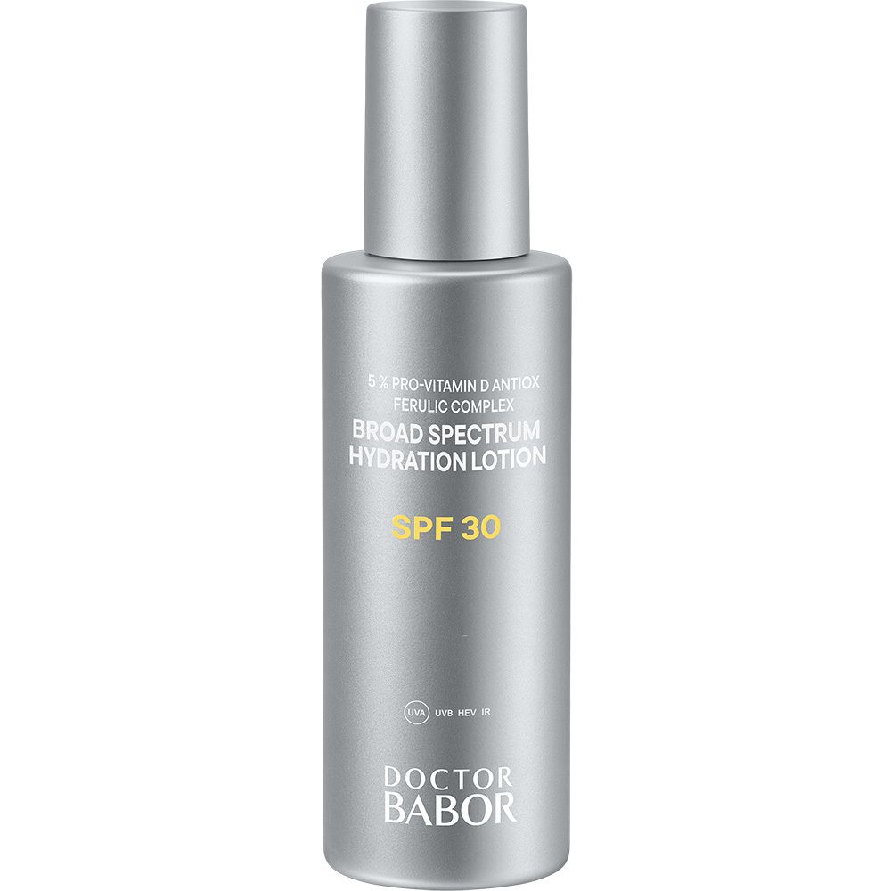 DOCTOR BABOR Broad Spectrum Hydration Lotion SPF 30 in silberner Flasche.