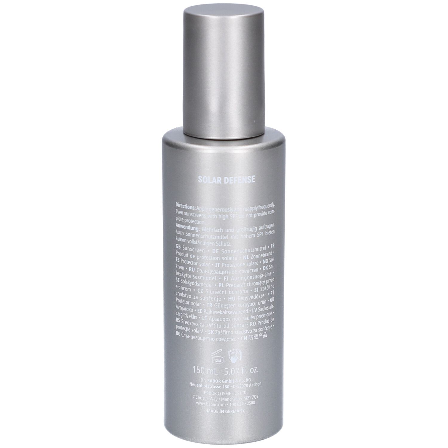 Silberne Flasche mit silbernem Deckel. Text: Solar Defense, 150 ml, Doctor Babor. Aufschrift auf der Flasche.