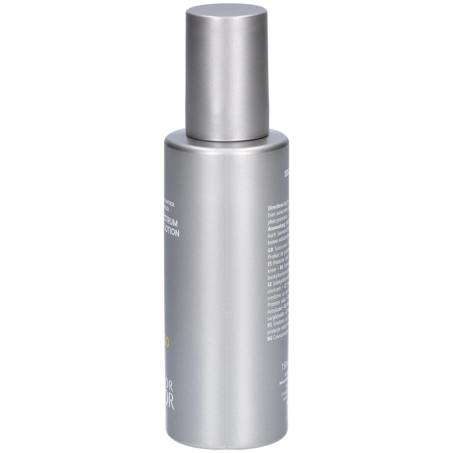 Silberne Flasche mit silbernem Deckel. Text: SPF 30, Doctor Babor. Aufschrift auf der Flasche.