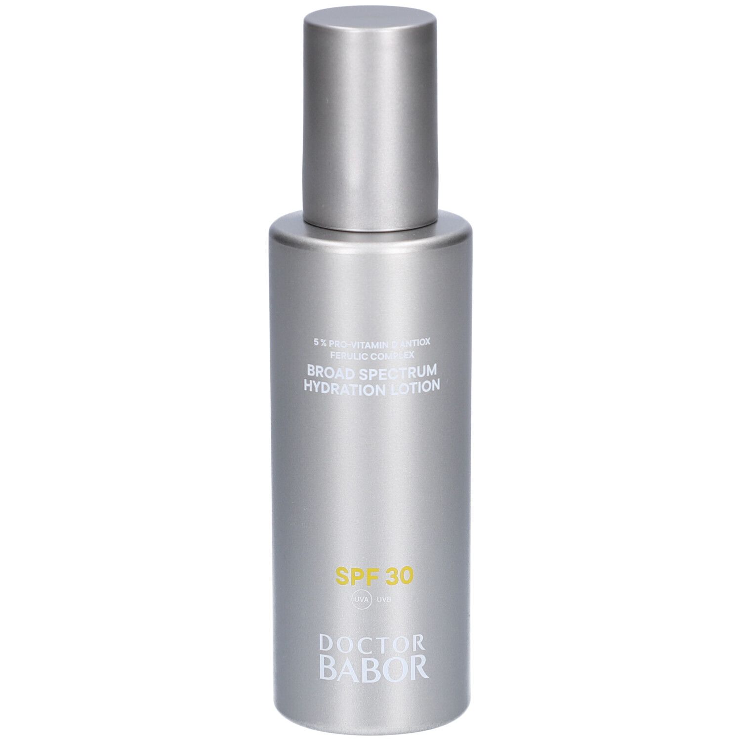 Silberne Flasche mit silbernem Deckel. Text: SPF 30, Doctor Babor. Aufschrift auf der Flasche.