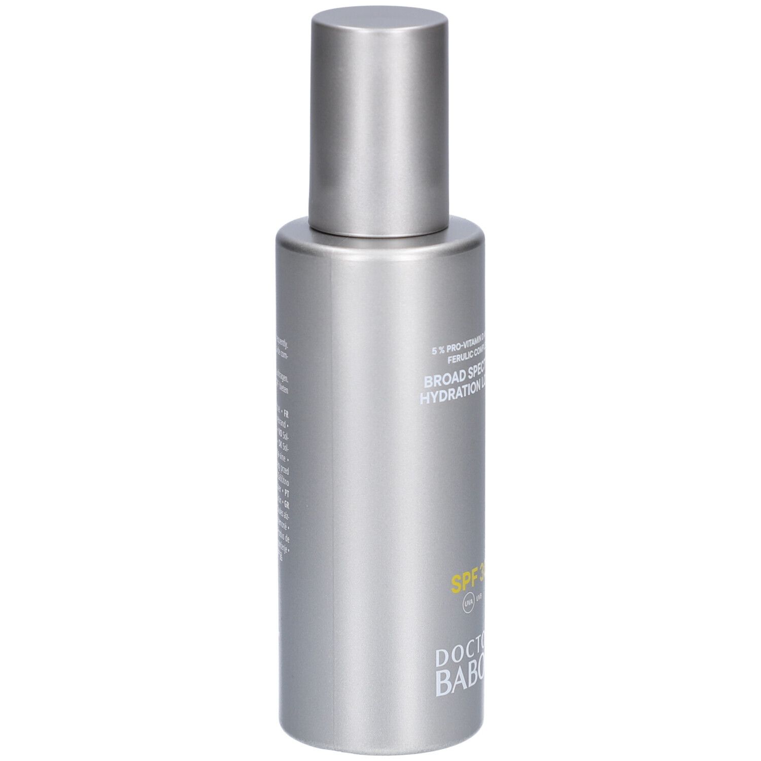 Silberne Flasche mit silbernem Deckel. Text: SPF 30, Doctor Babor. Aufschrift auf der Flasche.