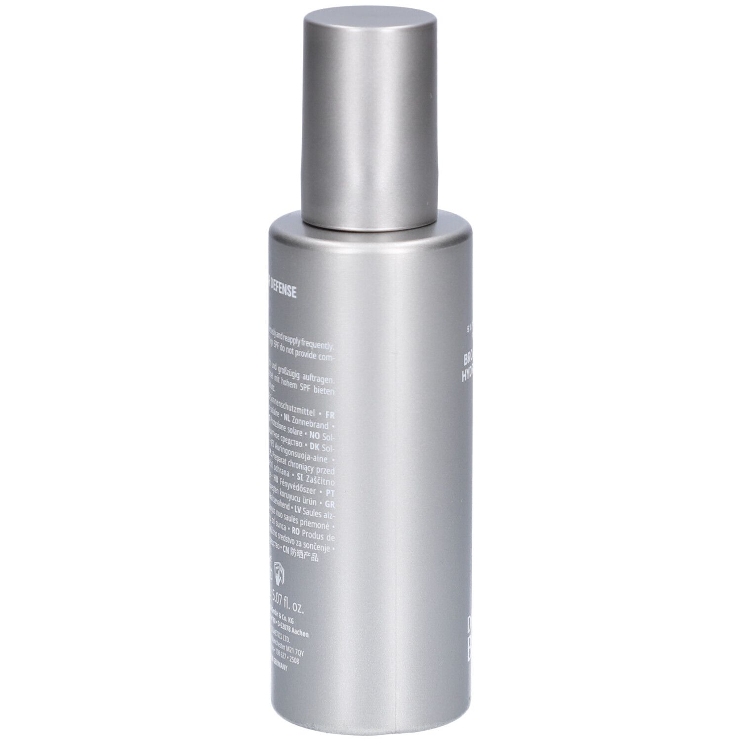 Silberne Flasche mit silbernem Deckel. Text: SPF 30, Doctor Babor. Aufschrift auf der Flasche.
