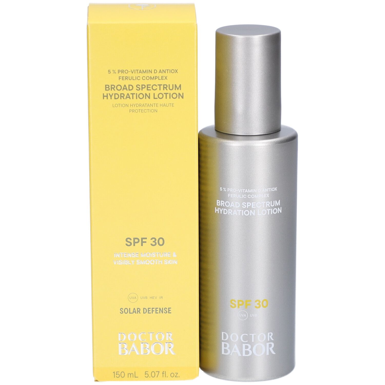 Silberne Flasche und gelbe Schachtel. Text: SPF 30, Doctor Babor. Aufschrift auf der Flasche und Schachtel.