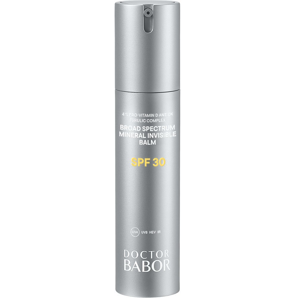 DOCTOR BABOR Mineral Invisible Balm SPF 30 in silberner Pumpspender-Flasche.