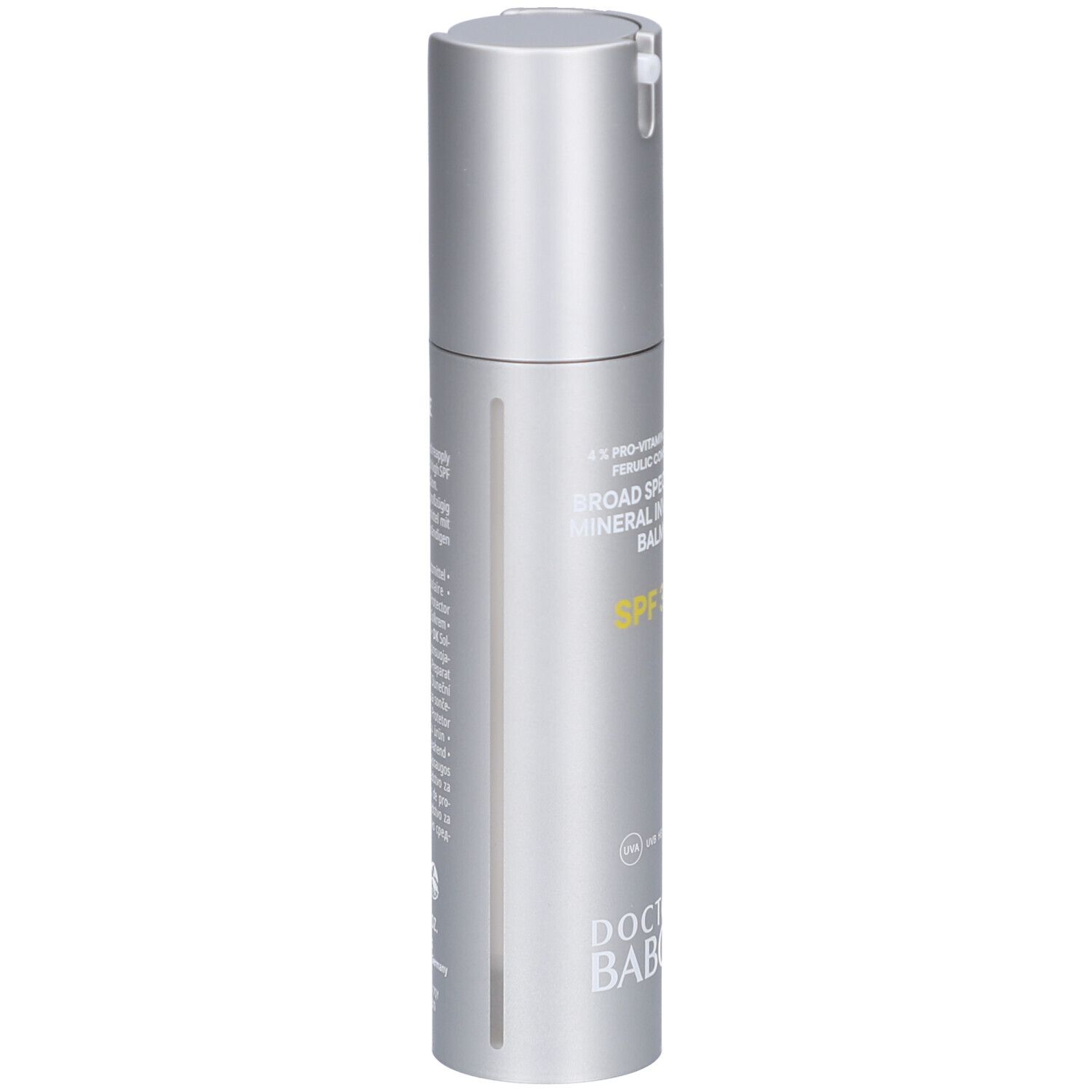 Silberne Flasche mit Text. Aufschrift: BROAD SPECTRUM MINERAL INVISIBLE BALM SPF 30. Marke: DOCTOR BABOR.