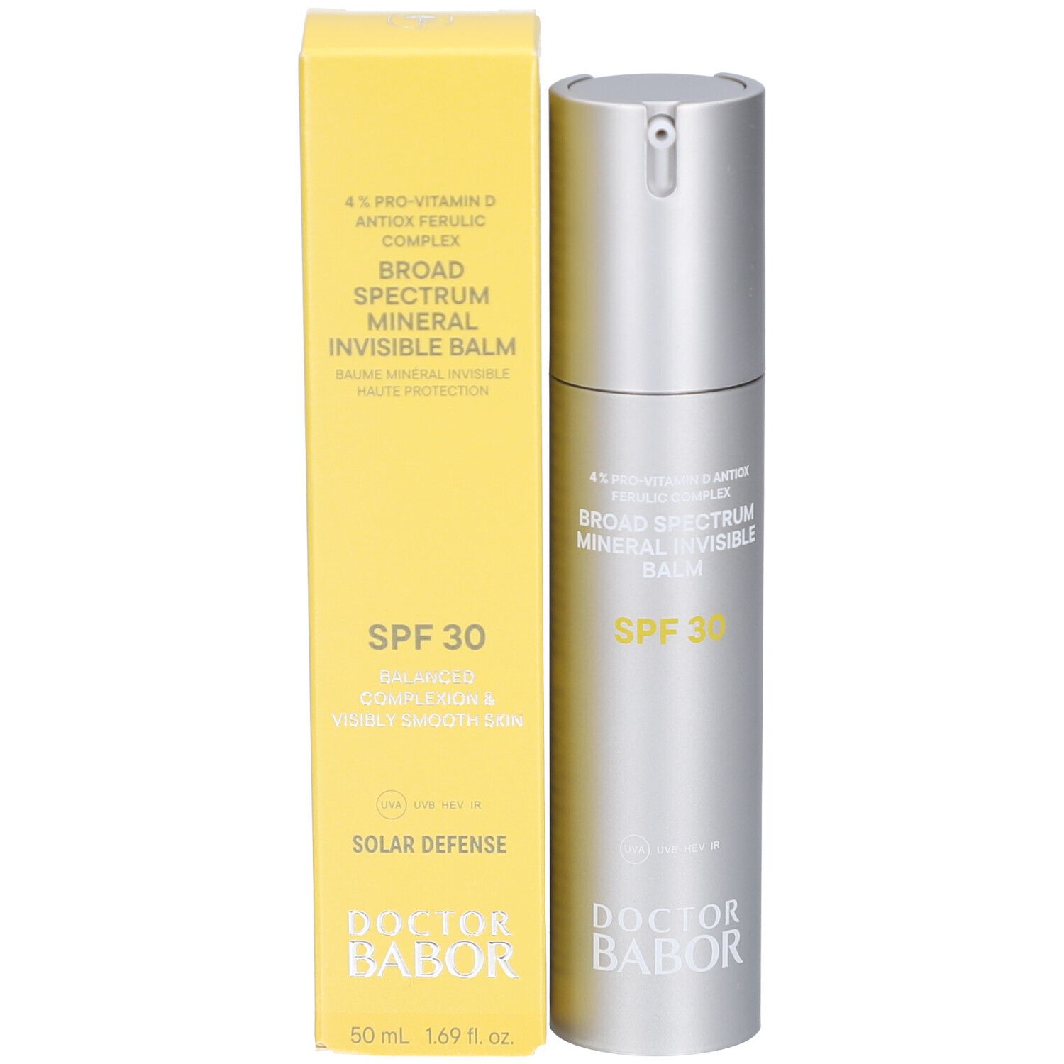 Produktverpackung mit Flasche und Karton. Aufschrift: SPF 30, DOCTOR BABOR. Gelber Karton.
