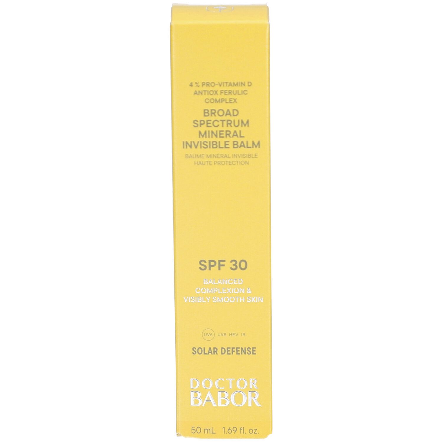 Gelber Karton mit Text. Aufschrift: SPF 30, DOCTOR BABOR. Produktname: BROAD SPECTRUM MINERAL INVISIBLE BALM.