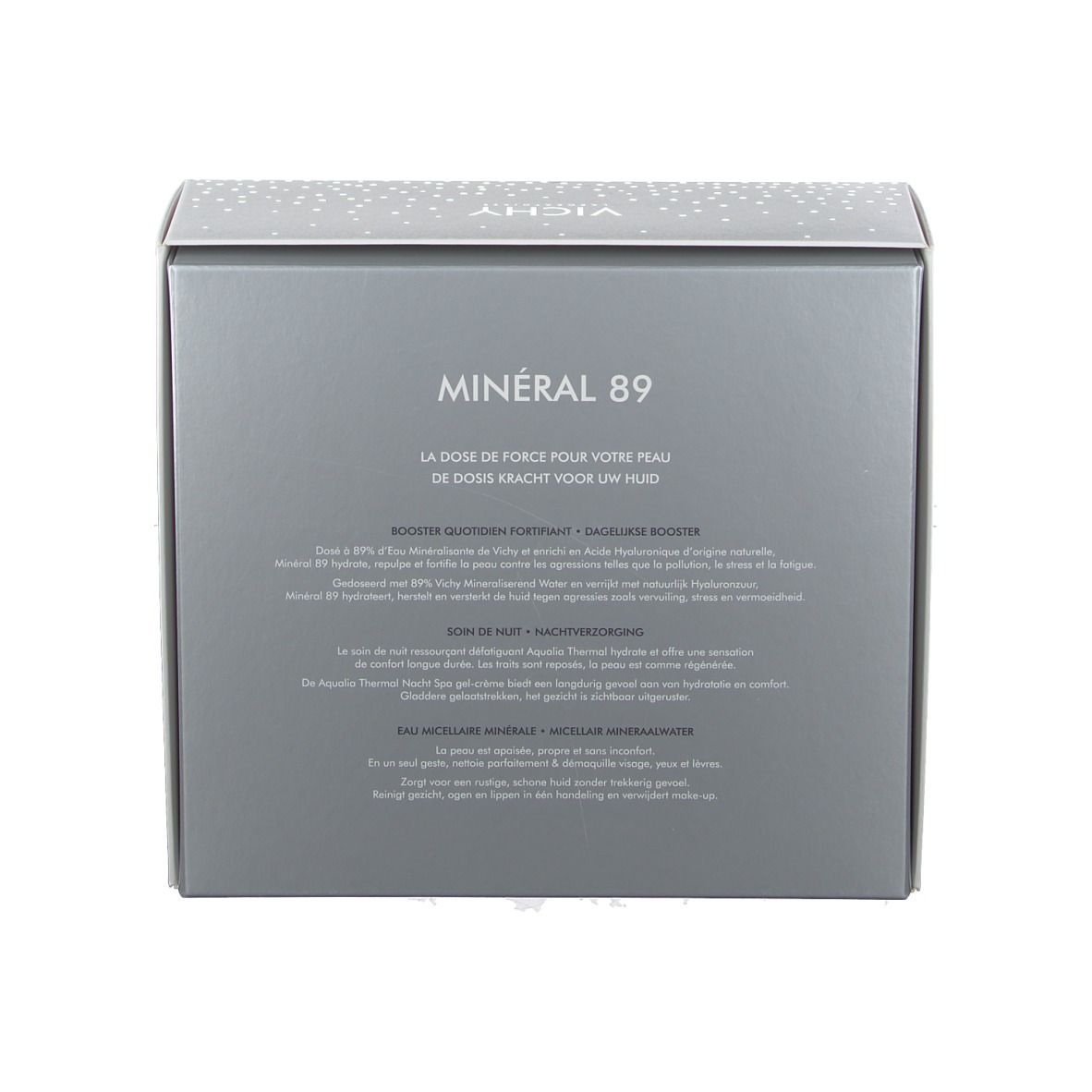 Achterkant van de Vichy Mineral 89 geschenkverpakking. Meertalige tekst.