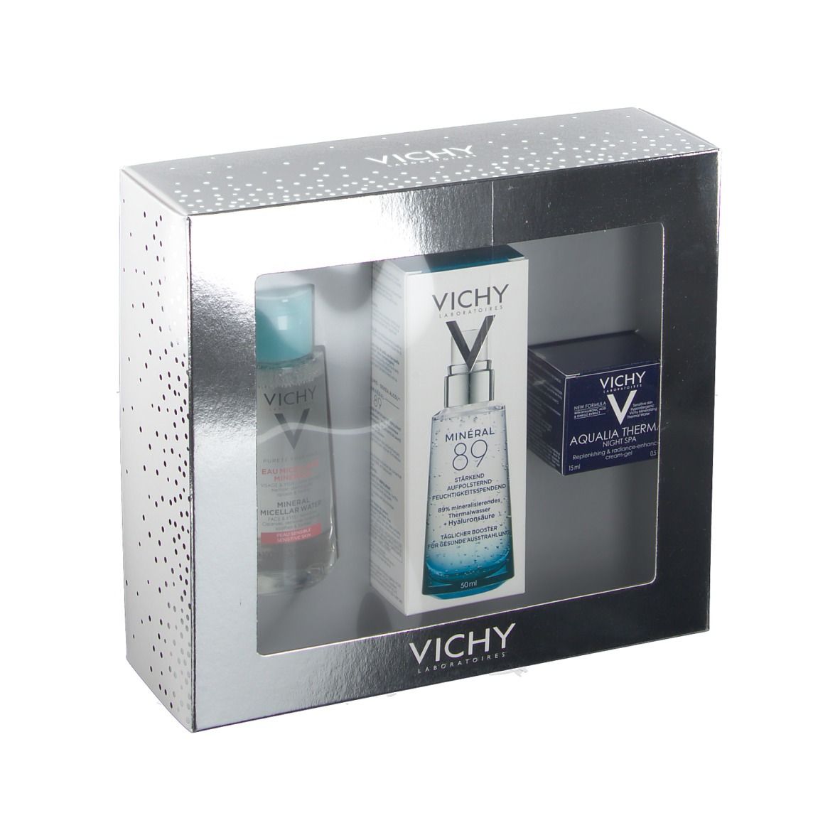 Geschenkverpakking met drie Vichy producten. Transparant venster. Vichy logo.