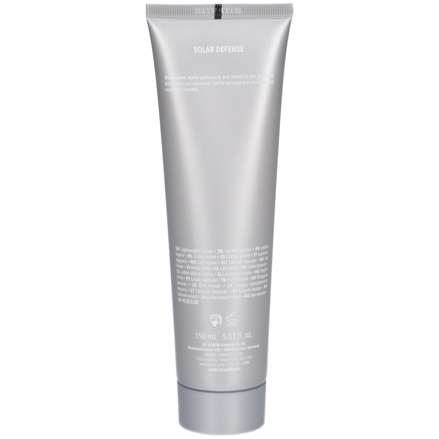 Rückseite der silberfarbenen Tube. Text in mehreren Sprachen. Unten: 150 ml, Doctor Babor.