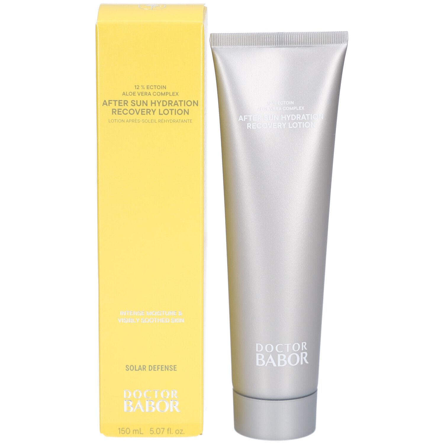 Gelbe Schachtel und silberfarbene Tube. Auf der Schachtel: After Sun Hydration Recovery Lotion, Doctor Babor.