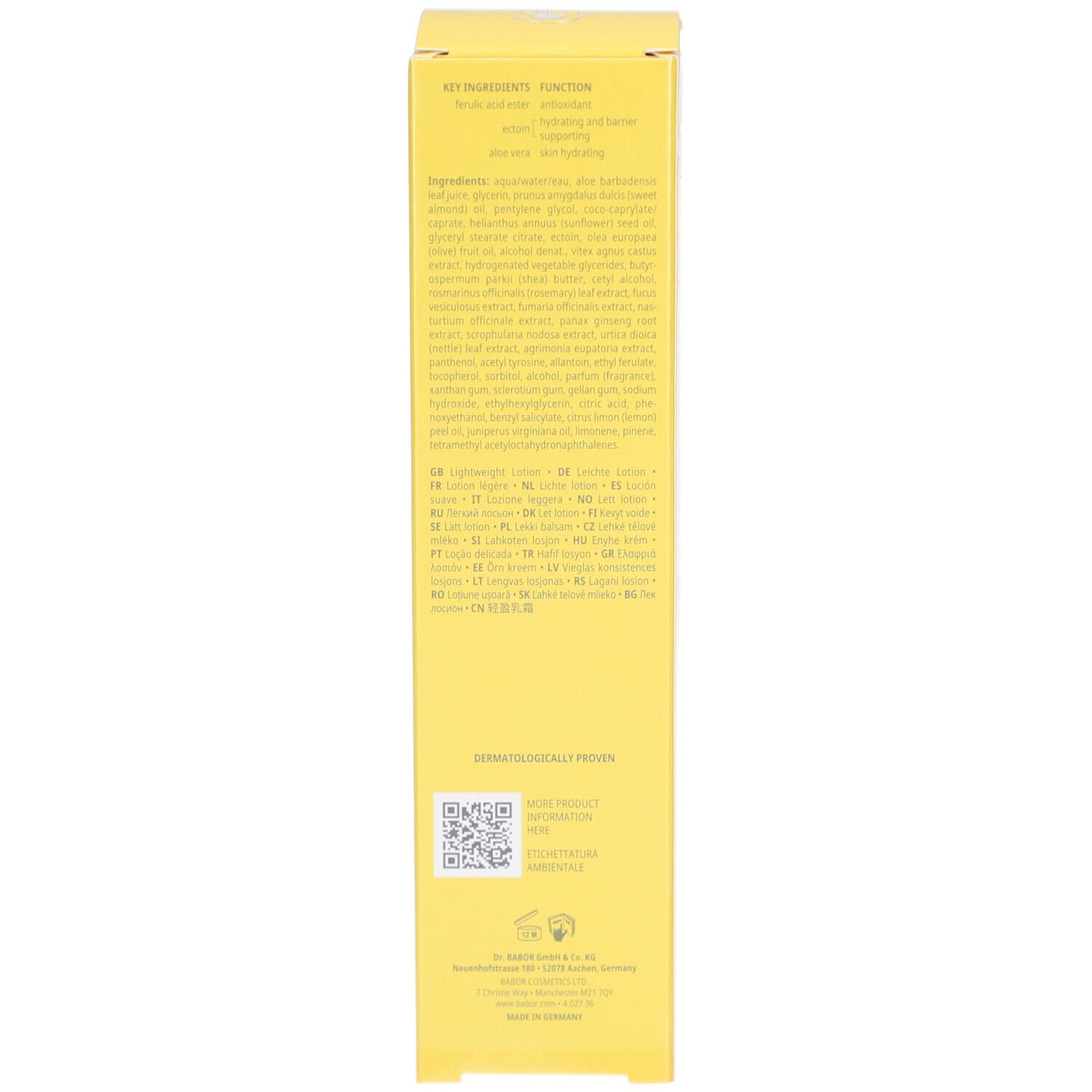 Gelbe Schachtel. Text in mehreren Sprachen. Informationen zur Anwendung und Wirkung.