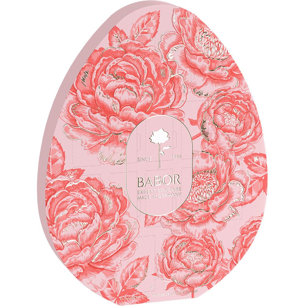 Babor Das Osterei: Ei-förmige Verpackung mit Blumenmuster, Babor Logo und einer Ampulle.