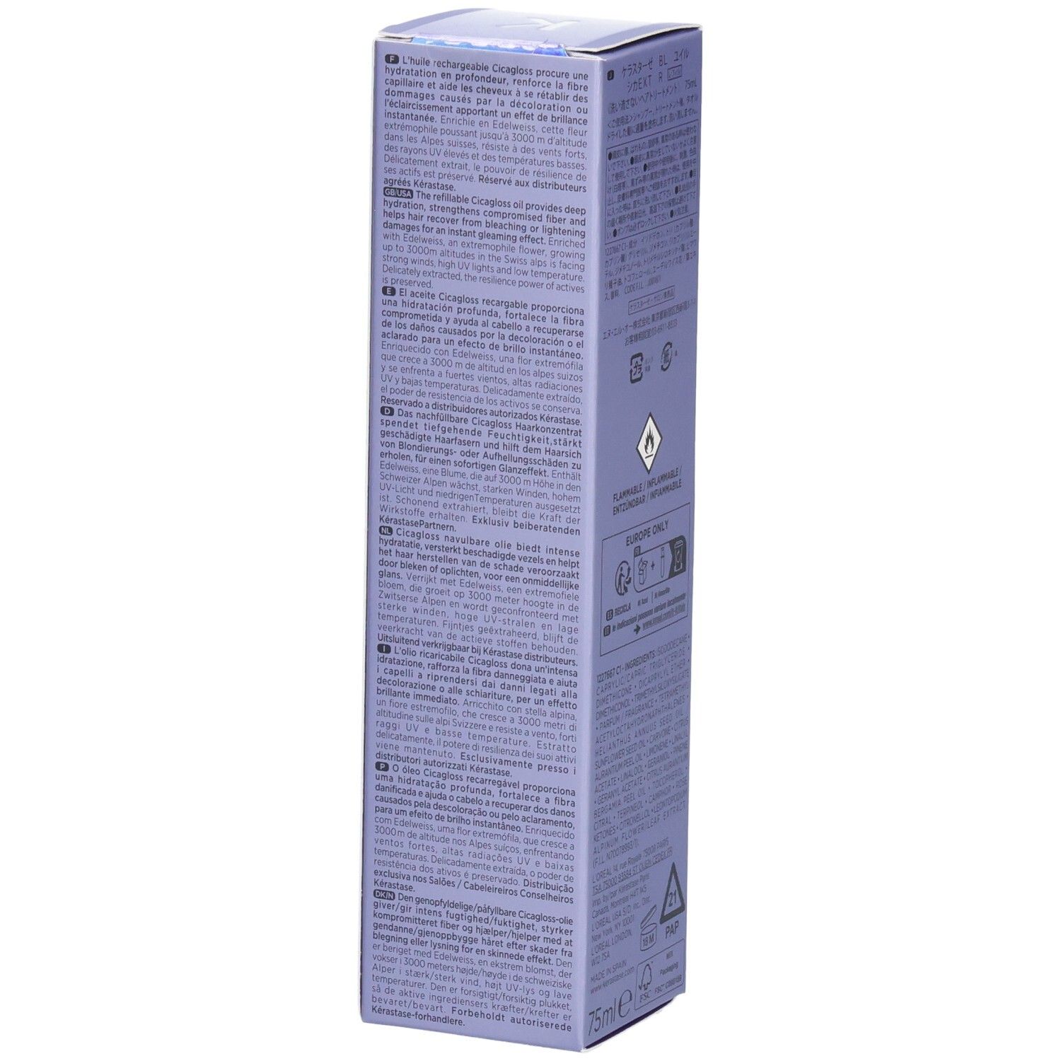 Seitenansicht der Kérastase Blond Absolu Huile Cicagloss Recharge Verpackung mit Produktinformationen.