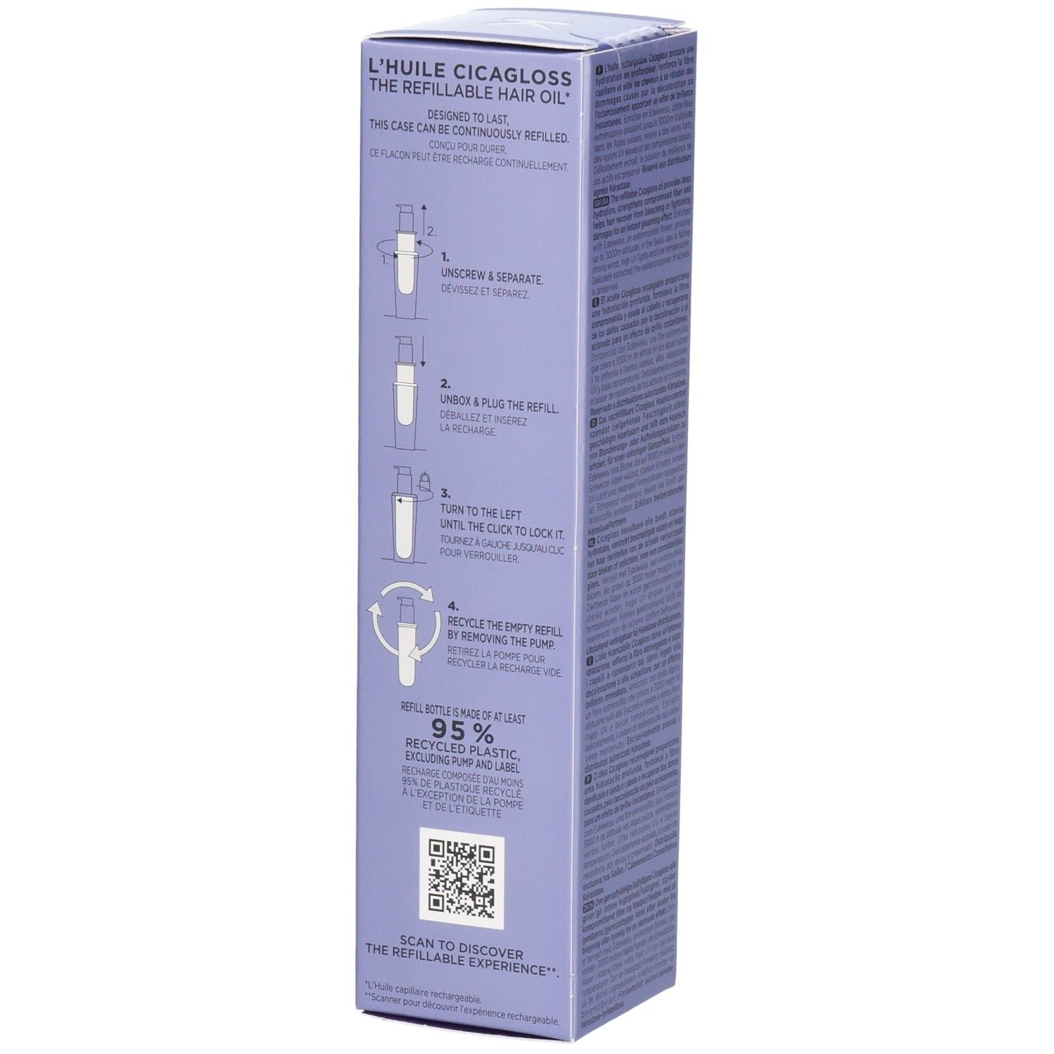 Kérastase Blond Absolu Huile Cicagloss Recharge Verpackung mit detaillierten Schritten zur Nachfüllung.
