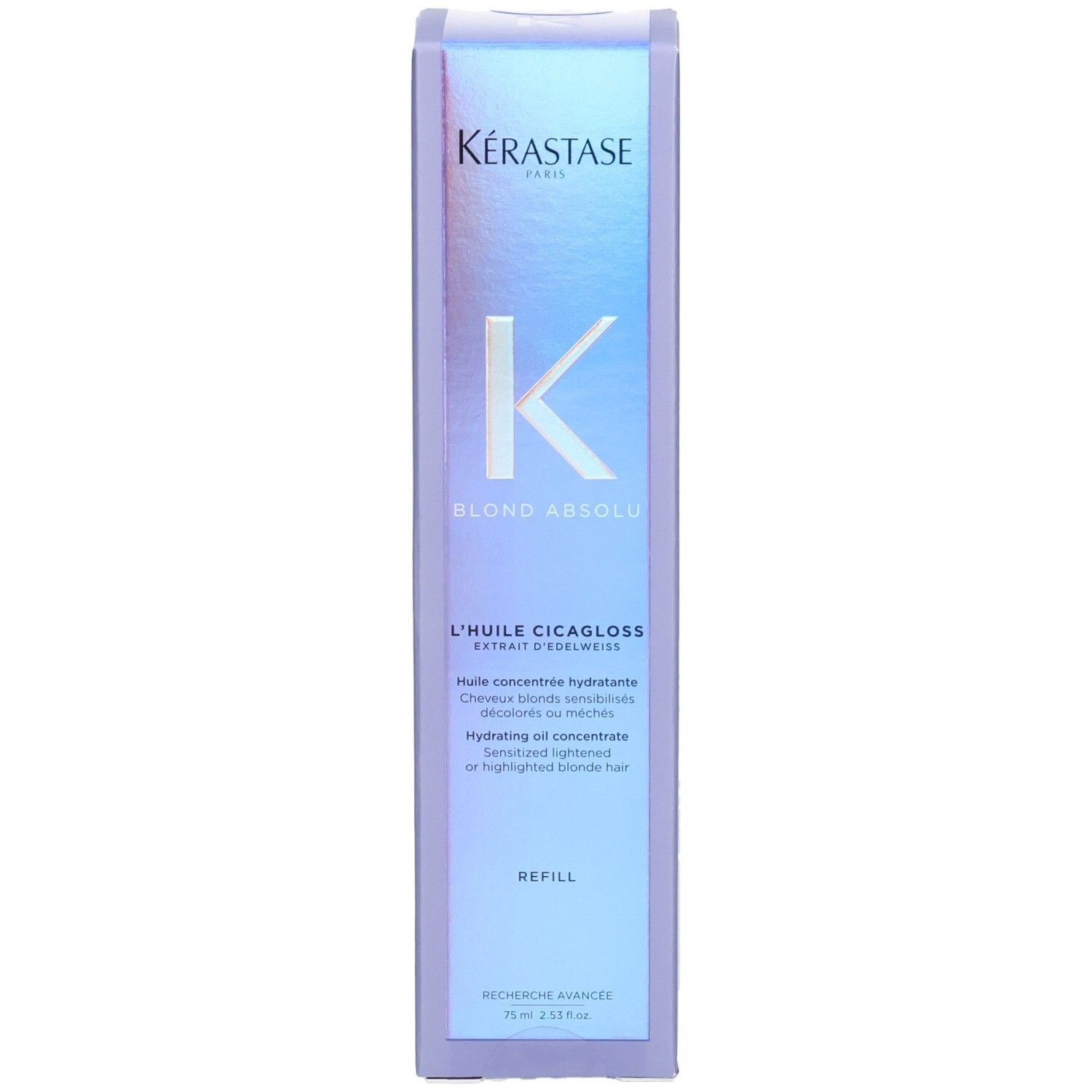 Vorderseite der Kérastase Blond Absolu Huile Cicagloss Recharge Verpackung, zeigt Marke und Produktname.