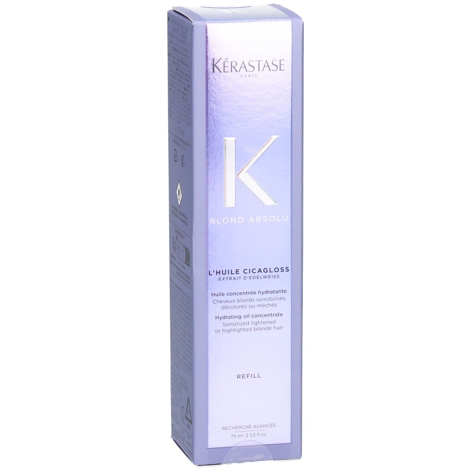 Kérastase Blond Absolu Huile Cicagloss Recharge Verpackung, Fokus auf das K-Logo und Produktbezeichnung.