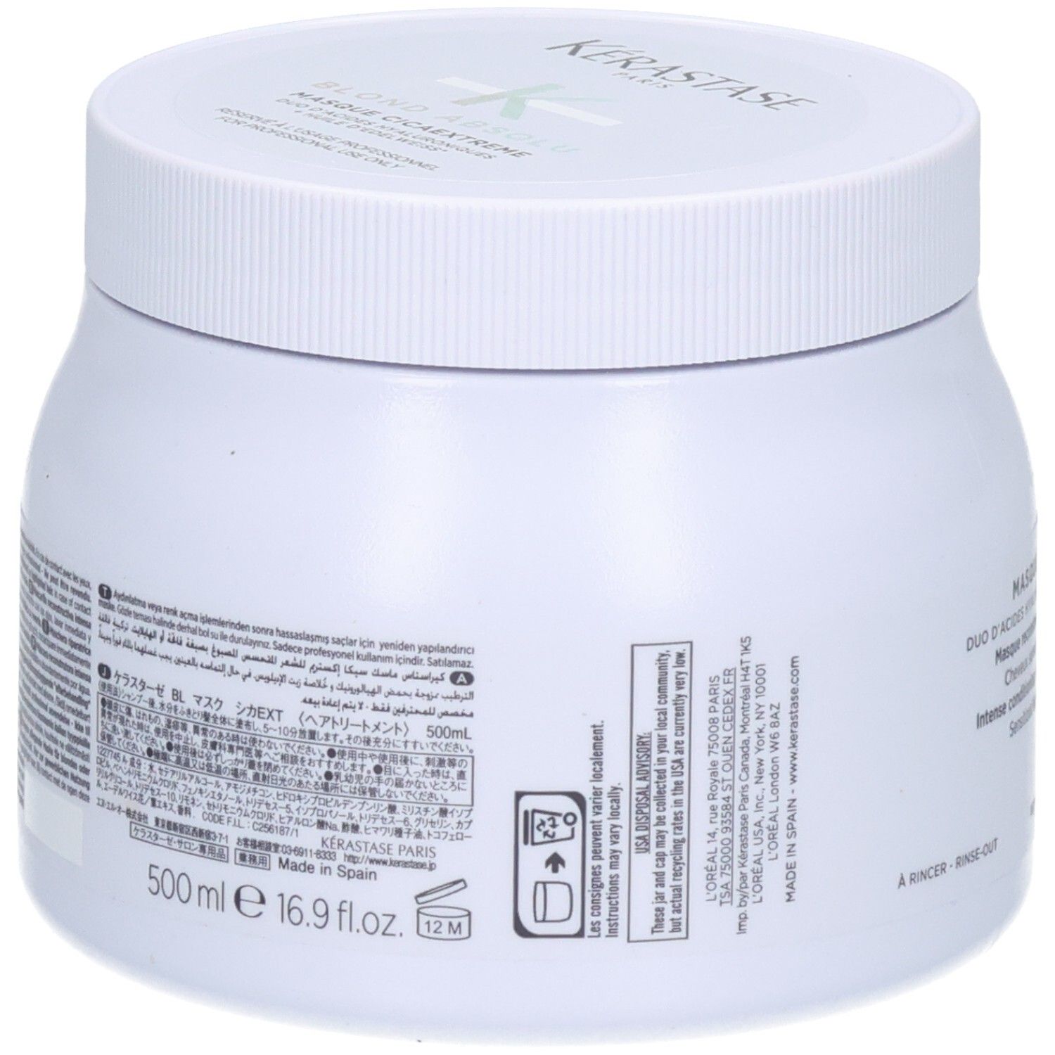 Weißer Kérastase Haarkur-Tiegel mit Schraubverschluss. Enthält 500 ml.