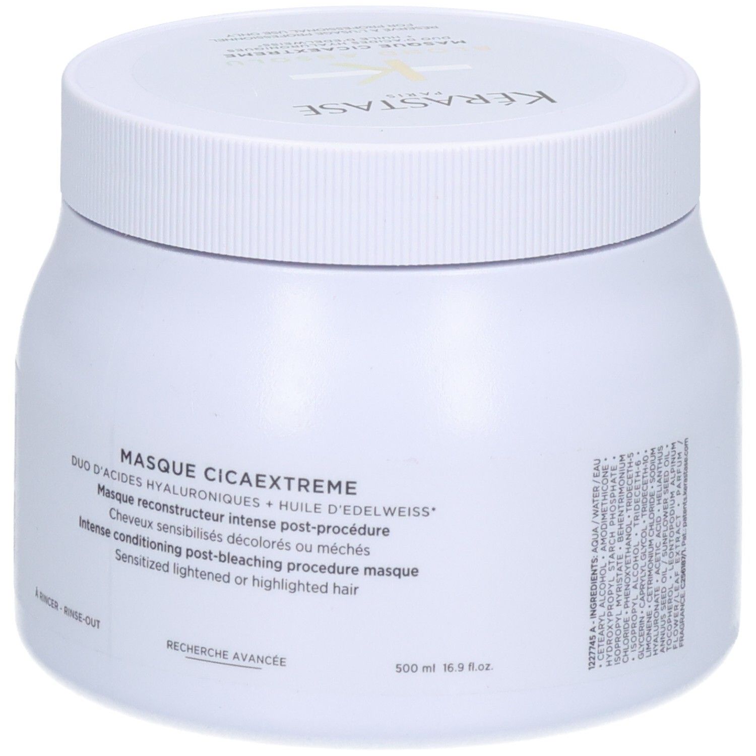 Weißer Tiegel mit Kérastase Masque Cicaextreme, 500 ml.
