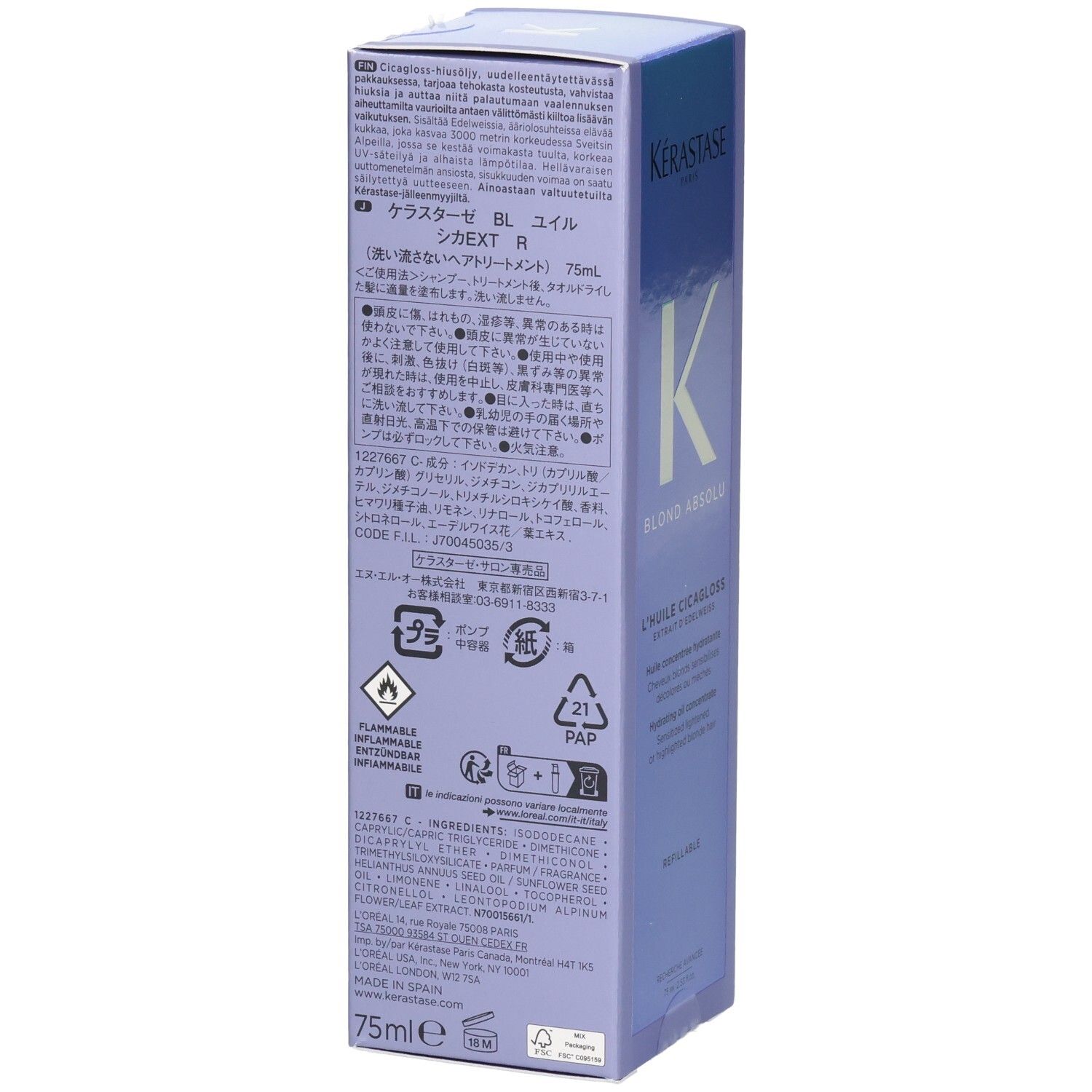 Kérastase Blond Absolu Huile Cicagloss Nachfüllbare Haarpflegeöl-Verpackung, Rückseite mit Text.