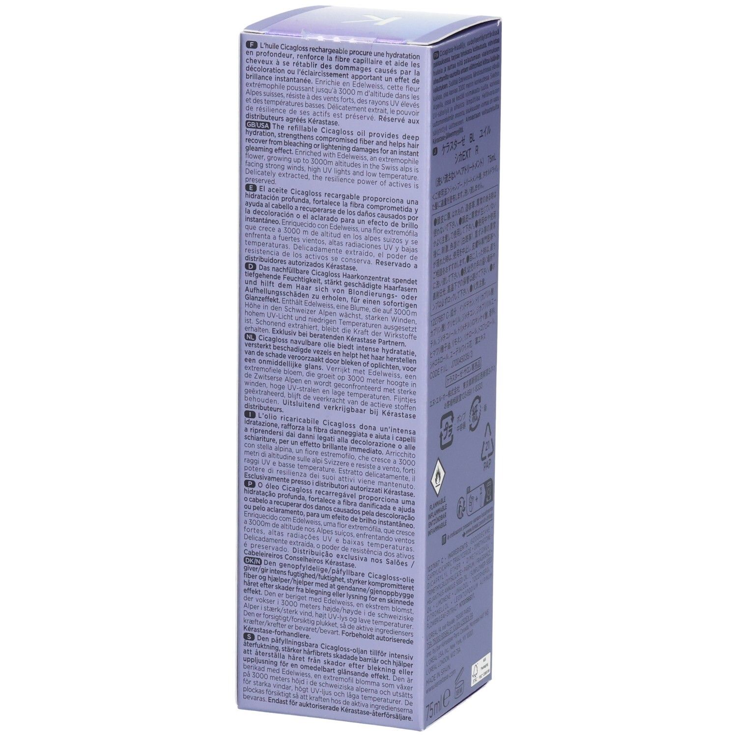 Kérastase Blond Absolu Huile Cicagloss Nachfüllbare Haarpflegeöl-Verpackung, Seite mit Text.