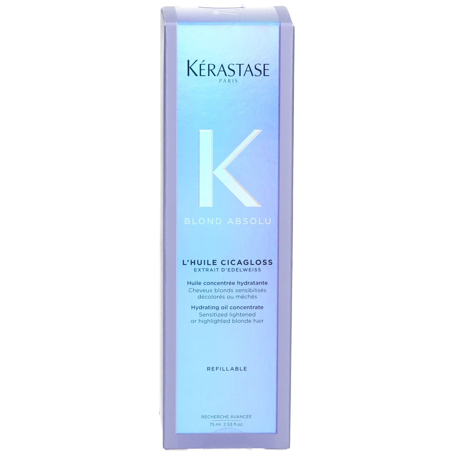 Kérastase Blond Absolu Huile Cicagloss Nachfüllbare Haarpflegeöl-Verpackung, Vorderseite.
