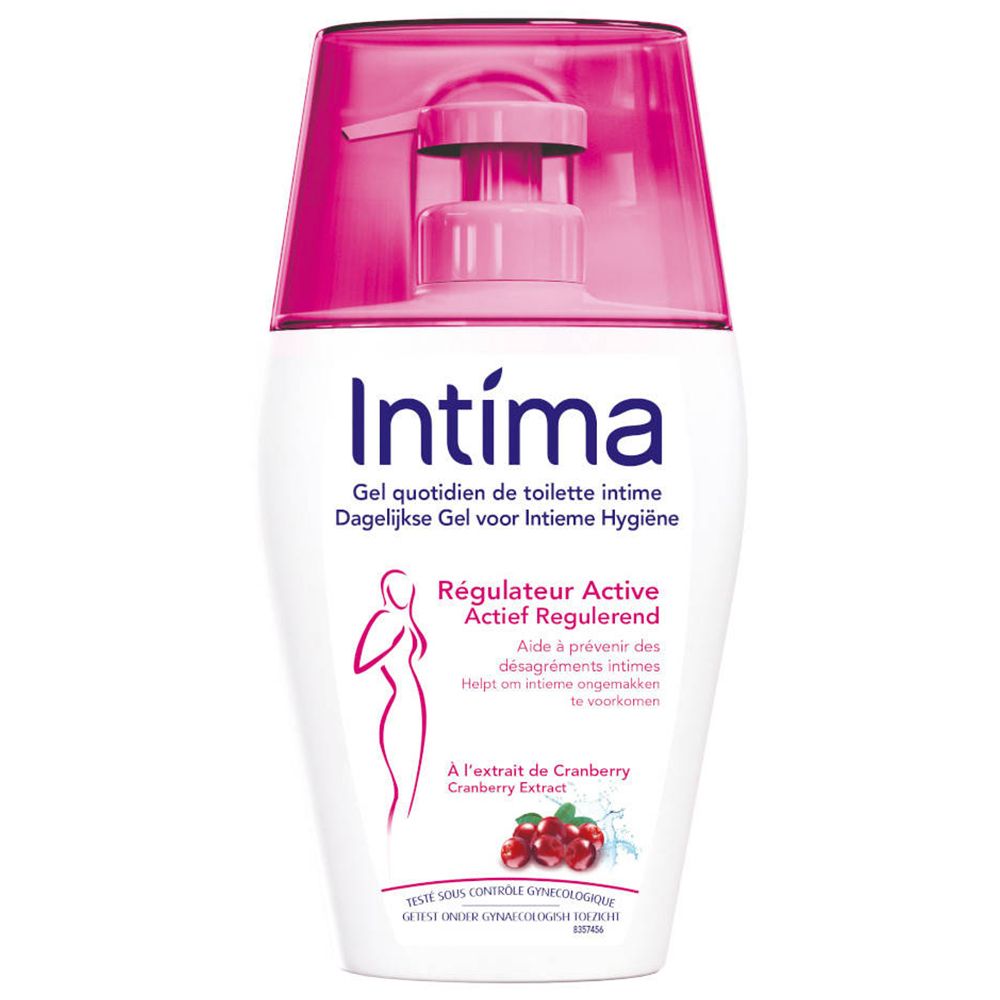 Weiß-pinke Flasche mit Pumpe. Aufschrift: Intima, Gel quotidien de toilette intime, Régulateur Active. Cranberry-Extrakt.