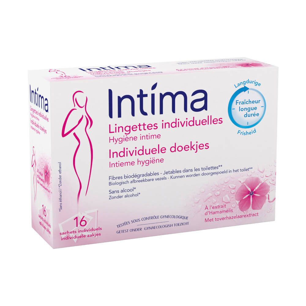 Verpackung mit Intima Feuchttüchern. 16 einzeln verpackte Tücher. Aufdruck mit Produktnamen und Illustration einer Frau.