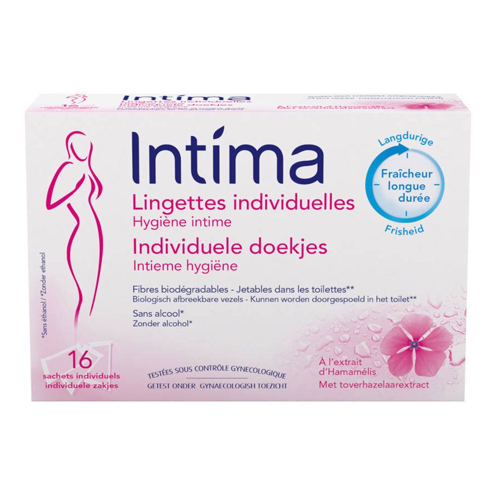 Verpackung mit Intima Feuchttüchern. 16 einzeln verpackte Tücher. Produktname, Illustration einer Frau und weitere Informationen.