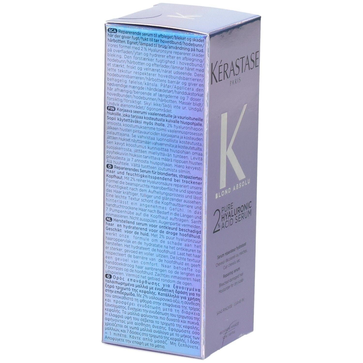 Kérastase Blond Absolu Serum: Kartonverpackung mit mehrsprachigen Produktinformationen.