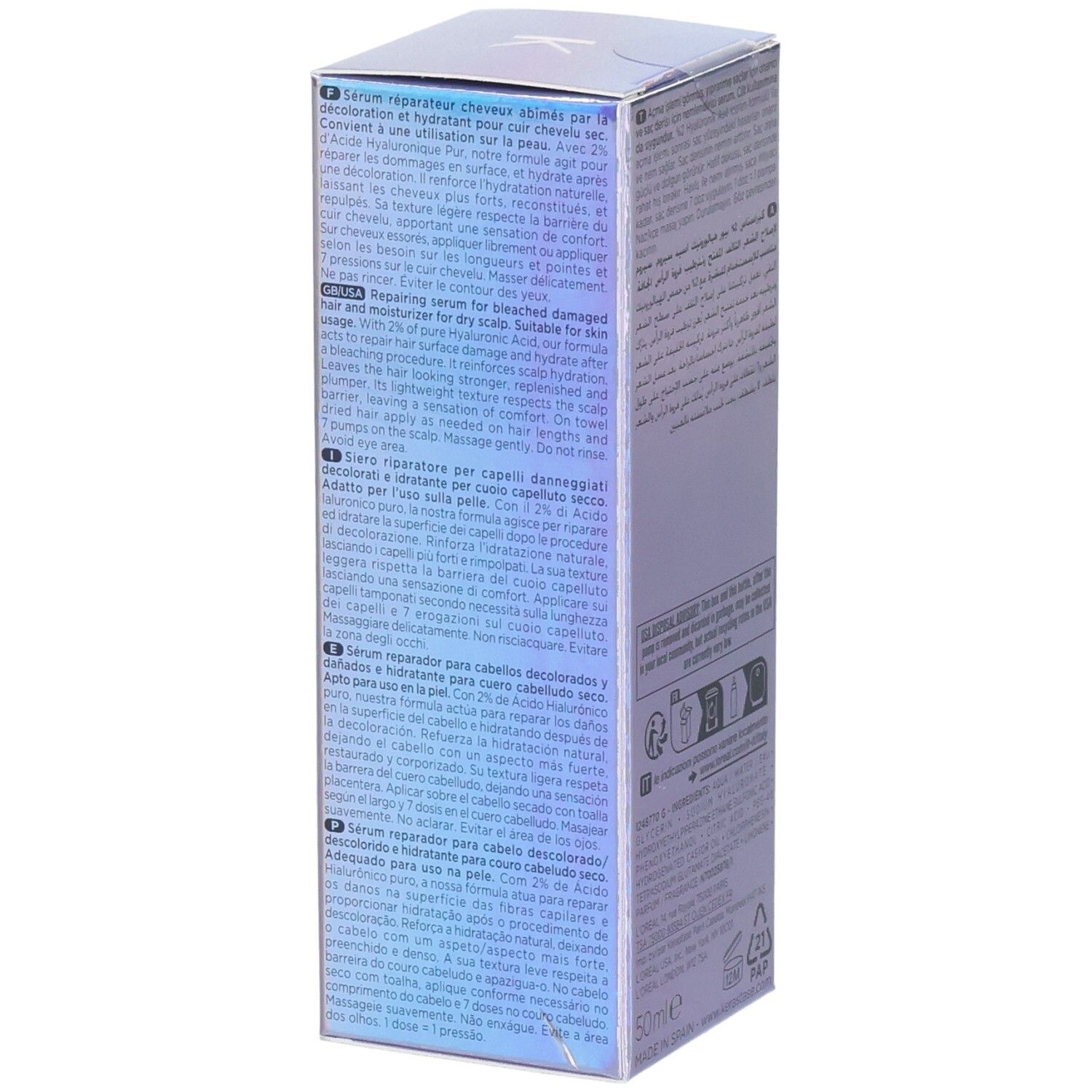 Kérastase Blond Absolu Serum: Kartonverpackung mit Anwendungshinweisen in mehreren Sprachen.