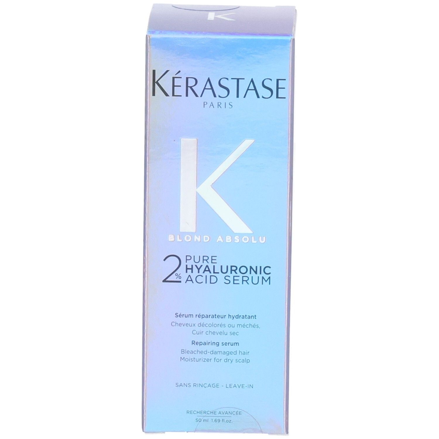 Kérastase Blond Absolu Serum: Kartonverpackung mit Produktbeschreibung auf Französisch.