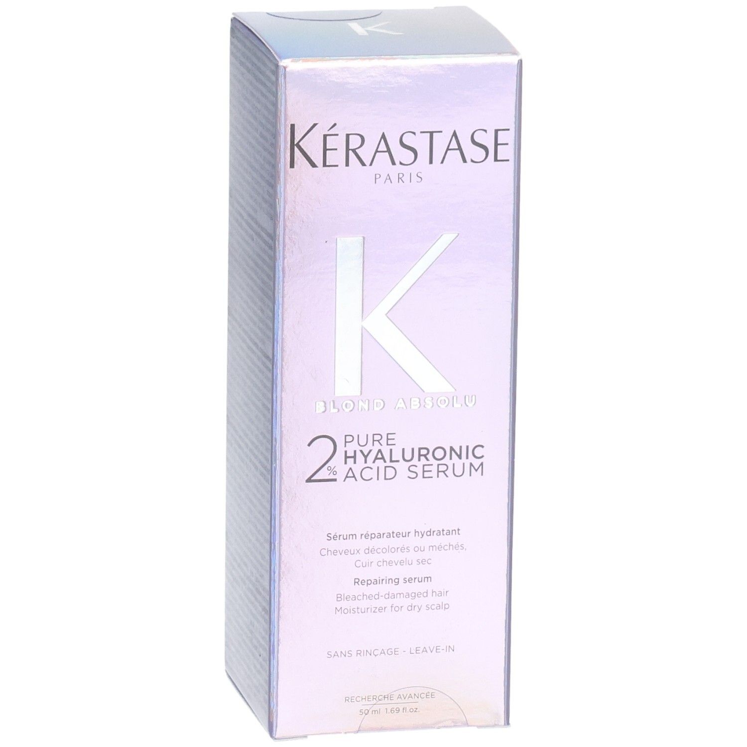 Kérastase Blond Absolu Serum: Kartonverpackung mit Produktbeschreibung auf Englisch.