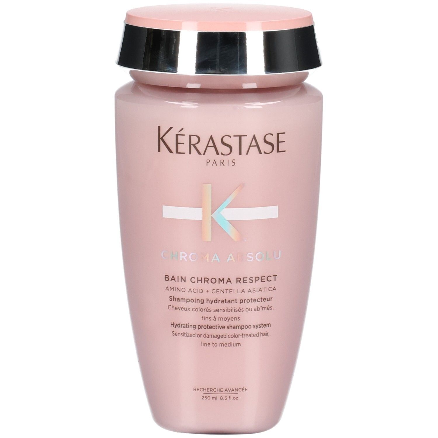 Kérastase Bain Chroma Respect Shampoo, 250ml, in rosa Flasche mit silbernem und rosa Deckel.