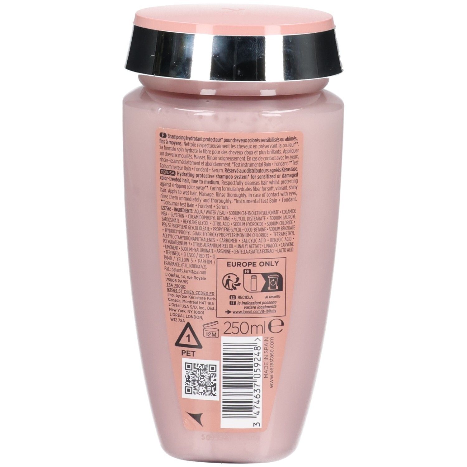 Rückseite der Kérastase Bain Chroma Respect Shampoo Flasche, 250ml, mit Produktinformationen und Barcode.