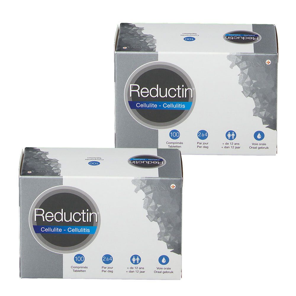 Deux boîtes de "Reductin Cellulite - Cellulitis". Chaque boîte contient 100 comprimés et d'autres informations.