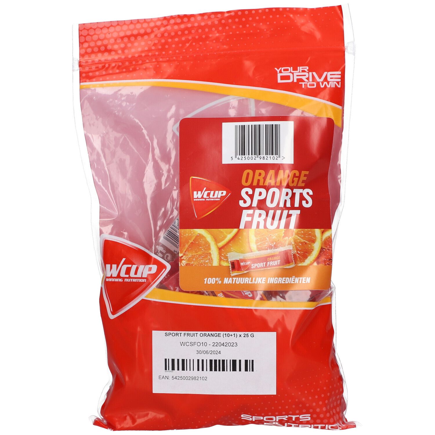 Transparante verpakking met Wcup Sport Fruit Orange. Opschrift: Orange Sports Fruit, 100% natuurlijke ingrediënten. Zichtbaar: individuele verpakkingen.