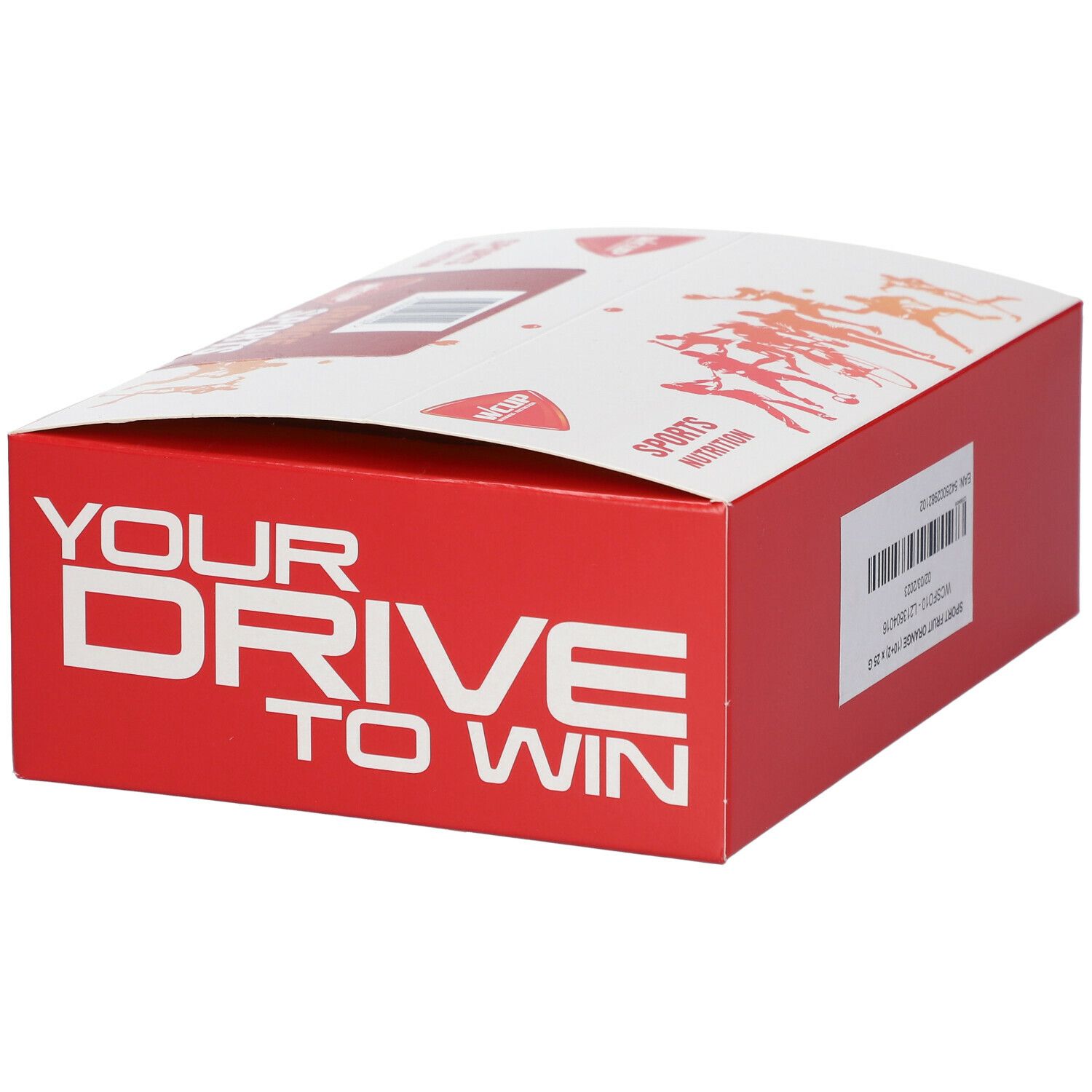 Rode doos met witte deksel. Opschrift: Your Drive To Win. Sticker met productinformatie. Tekst: Sport Fruit Orange (10 x 25 g).