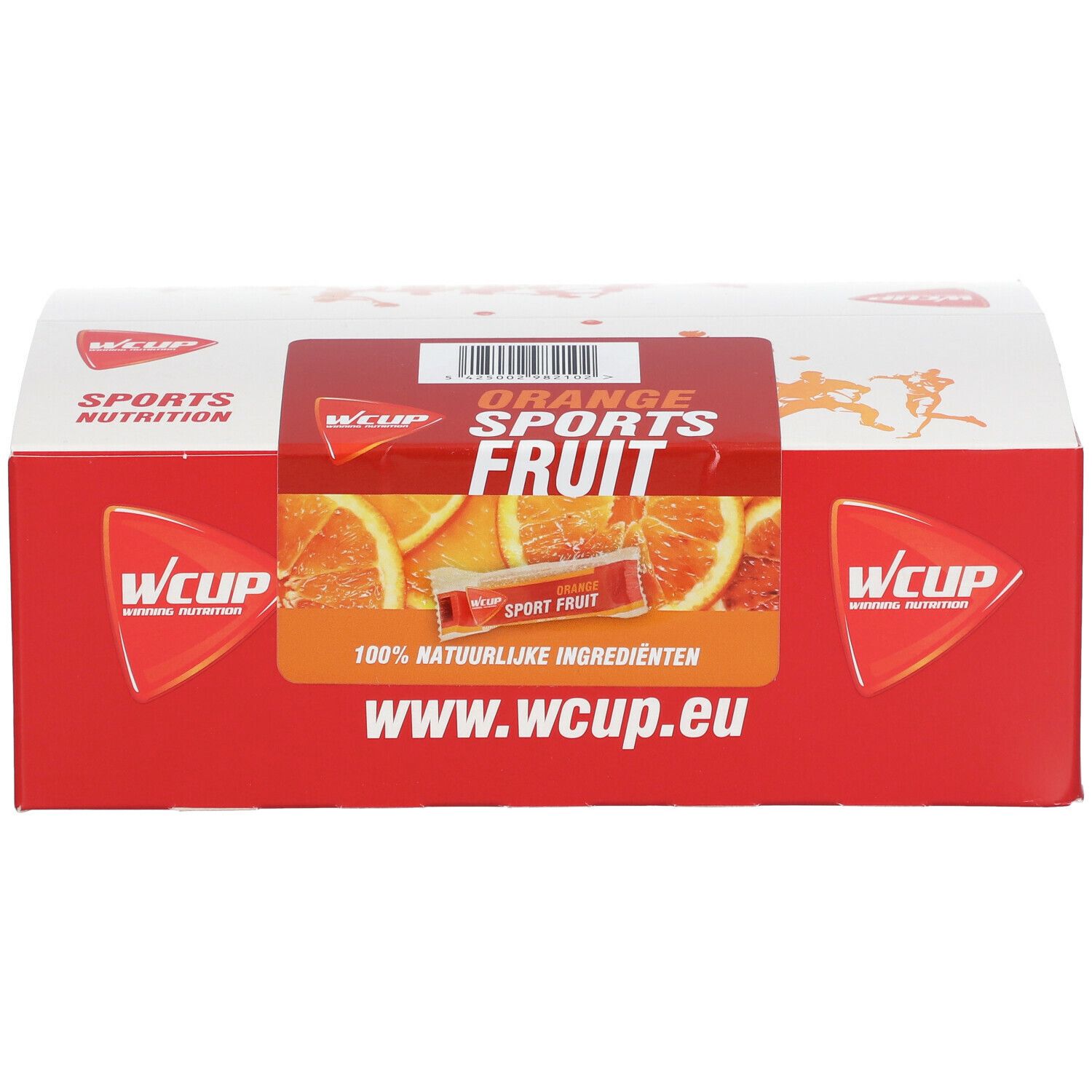Doos met rode basis en witte deksel. Opschrift: Wcup, Orange Sports Fruit, 100% natuurlijke ingrediënten. Afbeelding van sinaasappels.