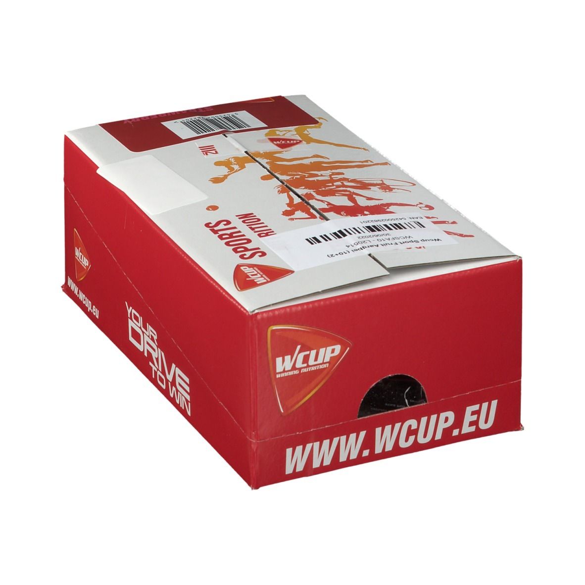 Boîte rouge avec couvercle blanc. Contient WCUP Sports Fruit. Logo et nom du produit sur la boîte. Inscription : YOUR DRIVE TO WIN et www.wcup.eu.