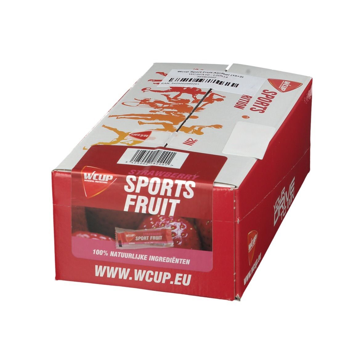 Boîte rouge avec couvercle blanc. Contient WCUP Sports Fruit Strawberry. Logo et nom du produit sur la boîte. Inscription : 100% ingrédients naturels et www.wcup.eu.