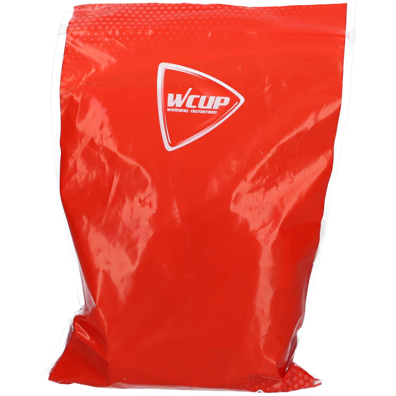 Sachet rouge avec logo Wcup blanc. Le sachet est transparent, contenu non visible.