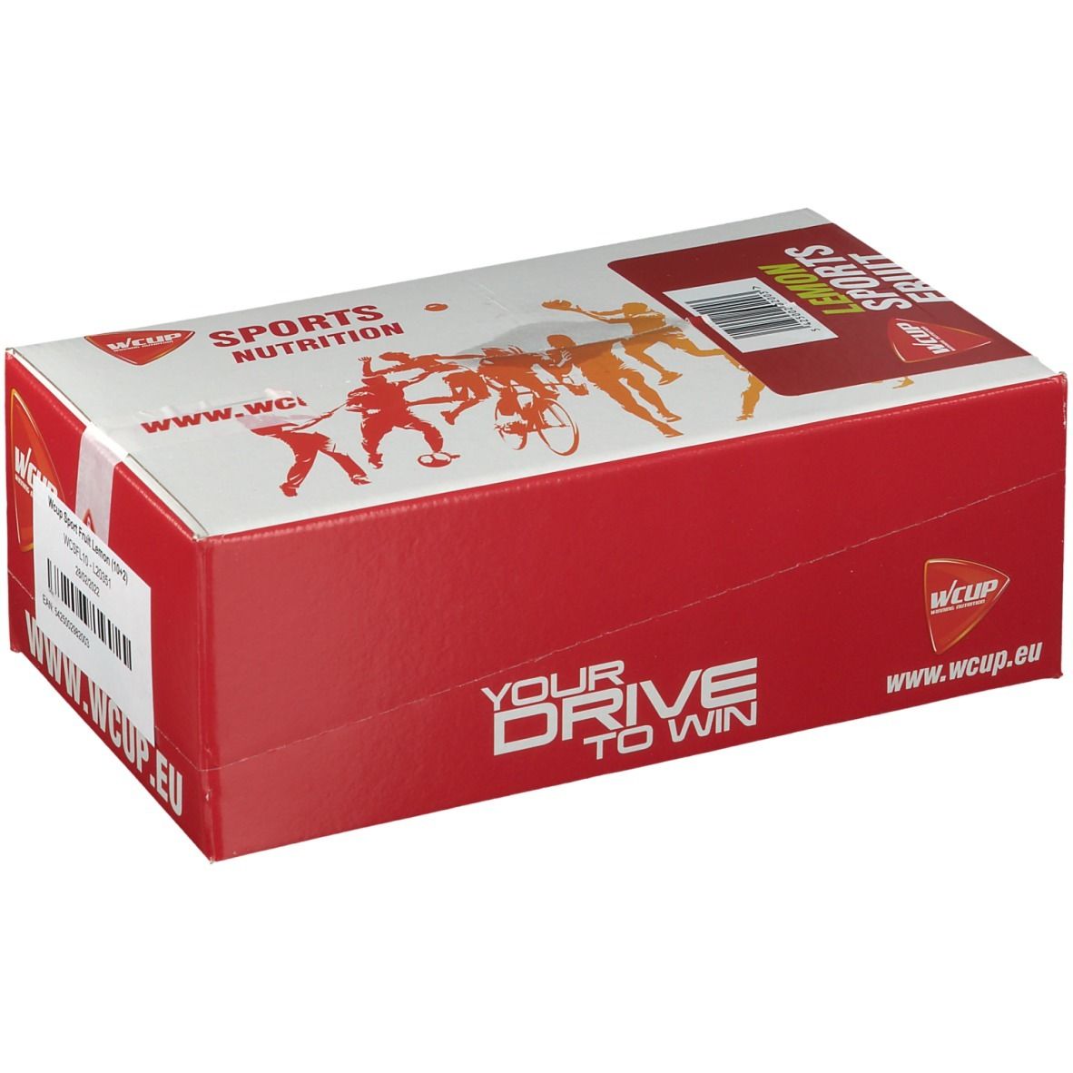 Emballage carton avec logo Wcup et informations produit. Impression: Lemon Sports Fruit. Illustration d'athlètes.