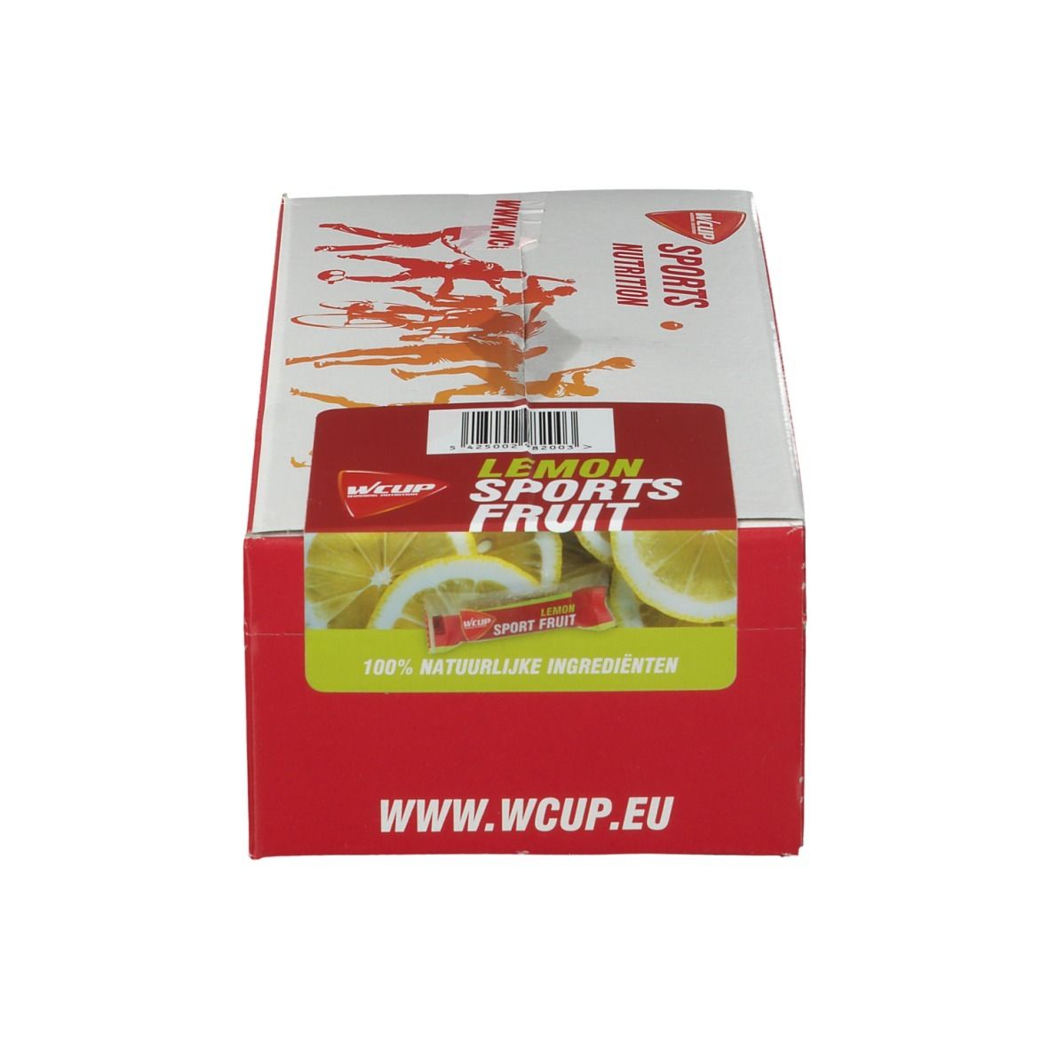 Emballage carton avec logo Wcup et informations produit. Impression: Lemon Sports Fruit. Image de citrons et sachets de produit.
