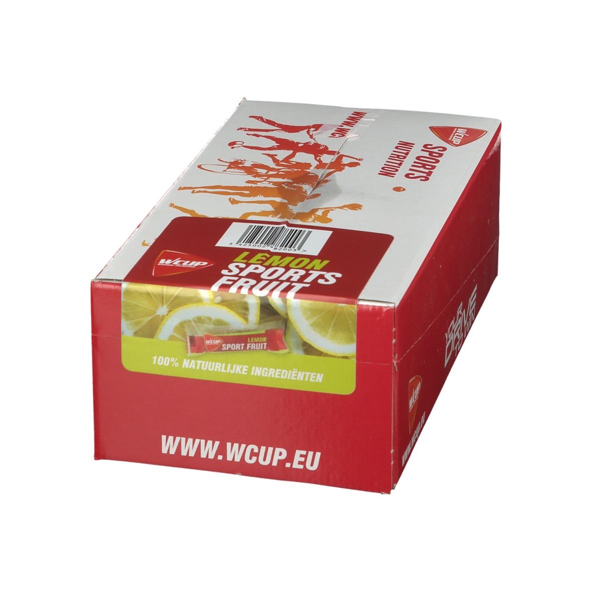 Emballage carton avec logo Wcup et informations produit. Impression: Lemon Sports Fruit. Image de citrons et sachets de produit.