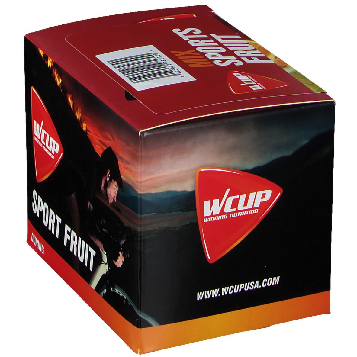 Doos met WCUP Sports Fruit Mix. Rode en zwarte kleuren. Afbeelding van een fietser. Logo en productnaam.