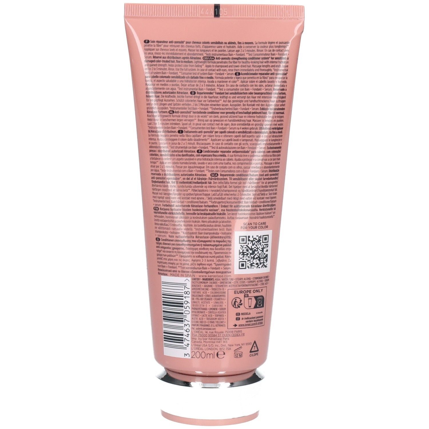 Rückseite der Kérastase Chroma Absolu Fondant Cica Chroma Après-Shampooing Tube mit Produktinformationen und Barcode.