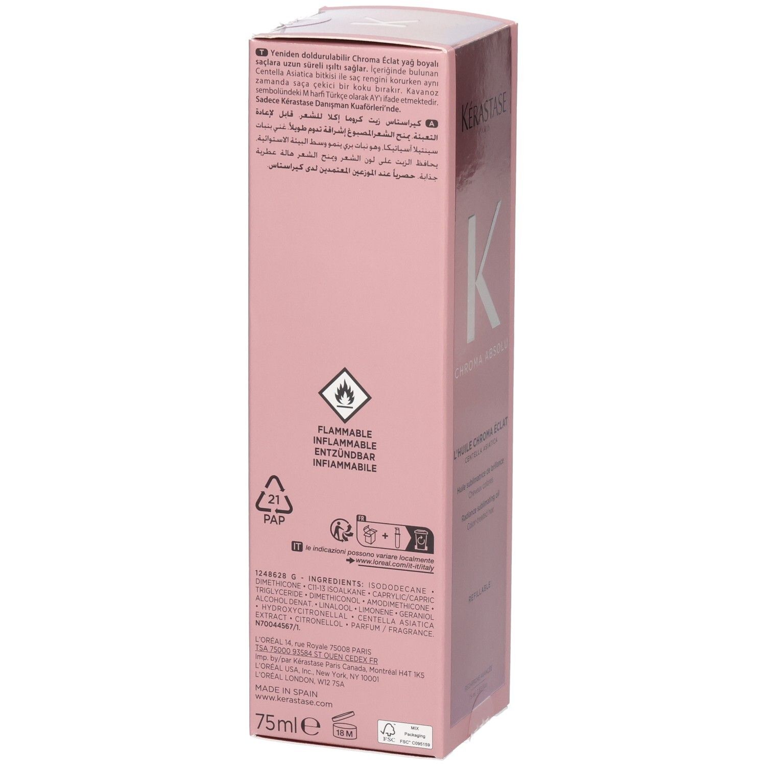 Rückseite der Kérastase Chroma Absolu Verpackung mit Warnsymbolen und Inhaltsstoffen.