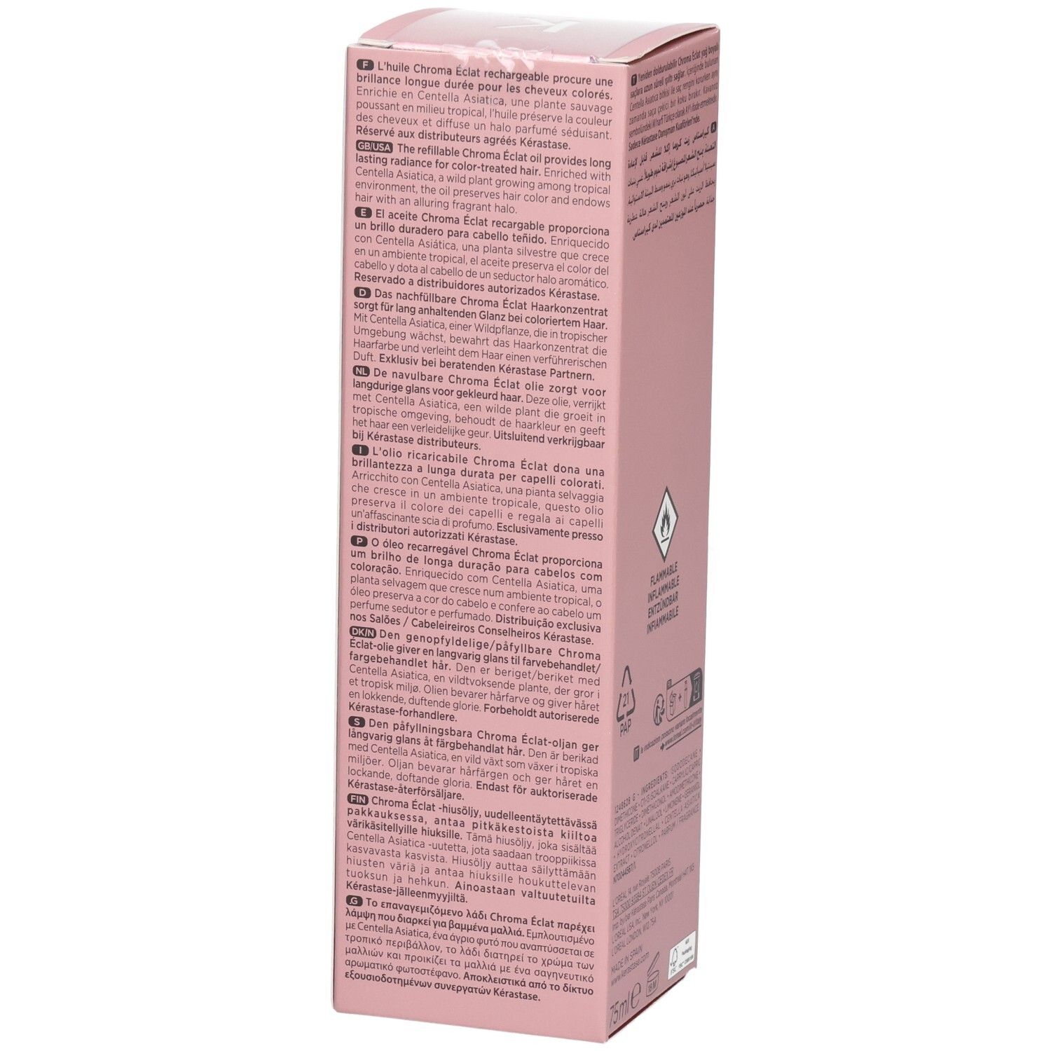 Seitenansicht der Kérastase Chroma Absolu Verpackung mit mehrsprachigen Produktbeschreibungen.